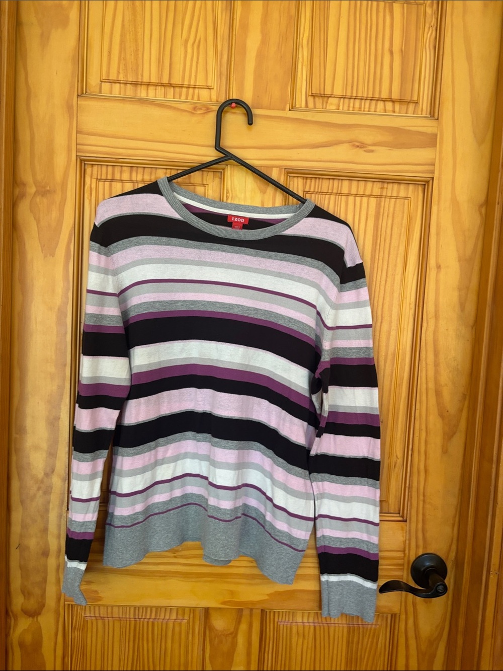 Izod Women's Striped Crewneck lightweight Sweater in Pink, Purple Black & Gray